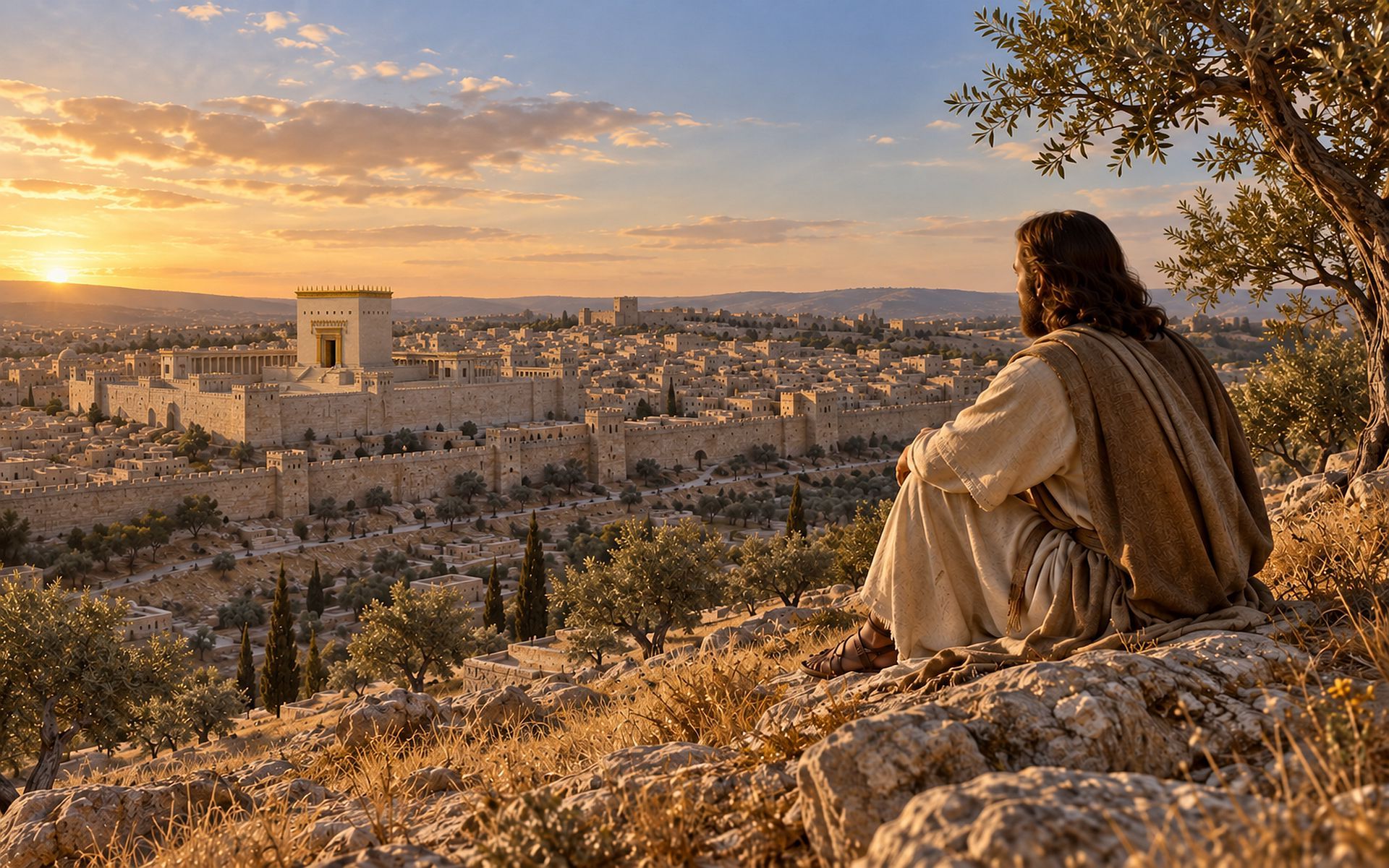 Jesus overlooking Jerusalem from the Mount of Olives